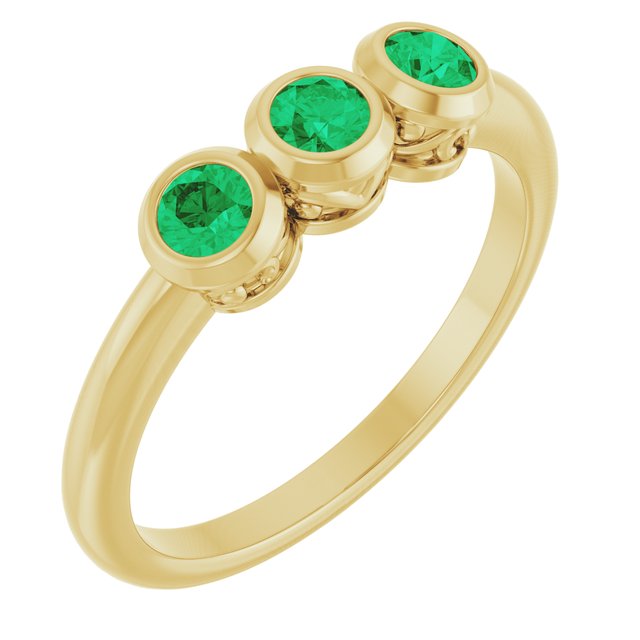 14K Yellow Natural Emerald Three-Stone Ring